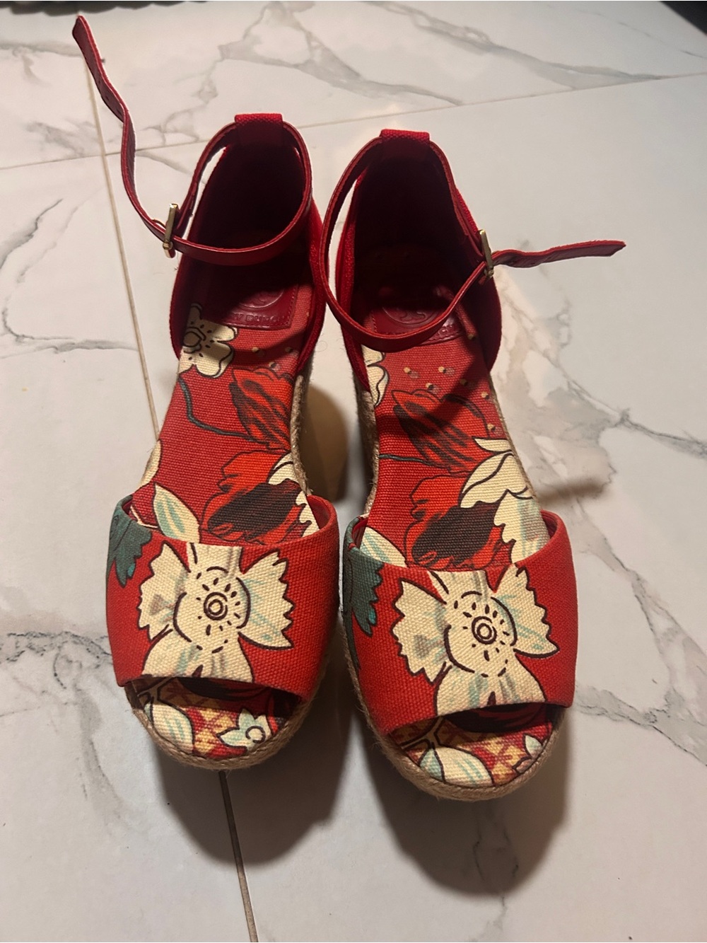 Tory Burch Red Floral Ankle-Strap Espadrille Wedges